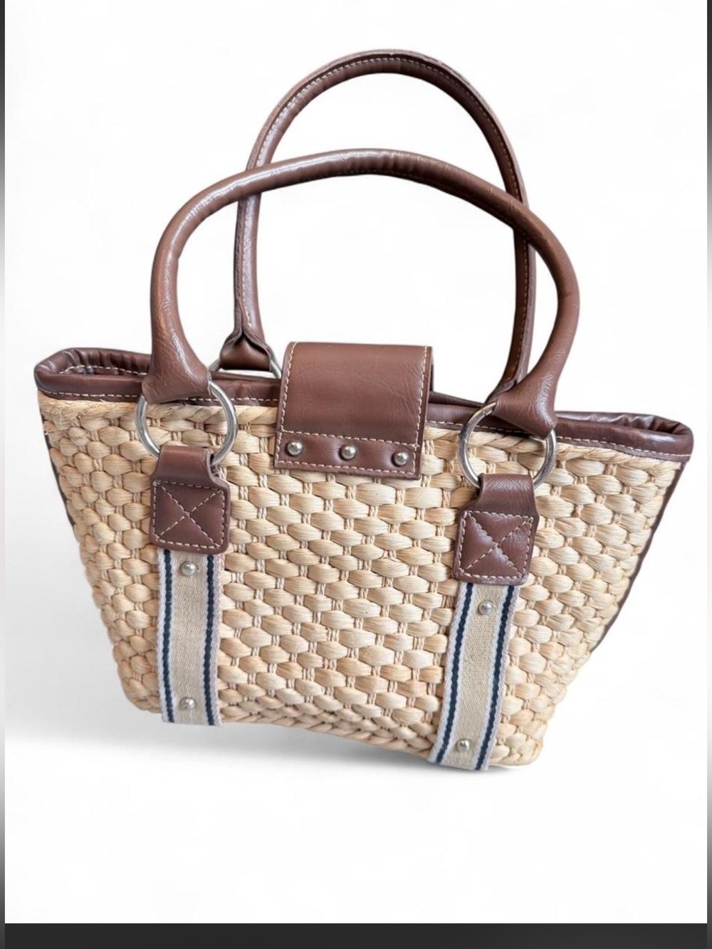 CHAPS Woven Straw Leather Shoulder Bag Brown Turn Lock Boho Coastal - Picture 2 of 10
